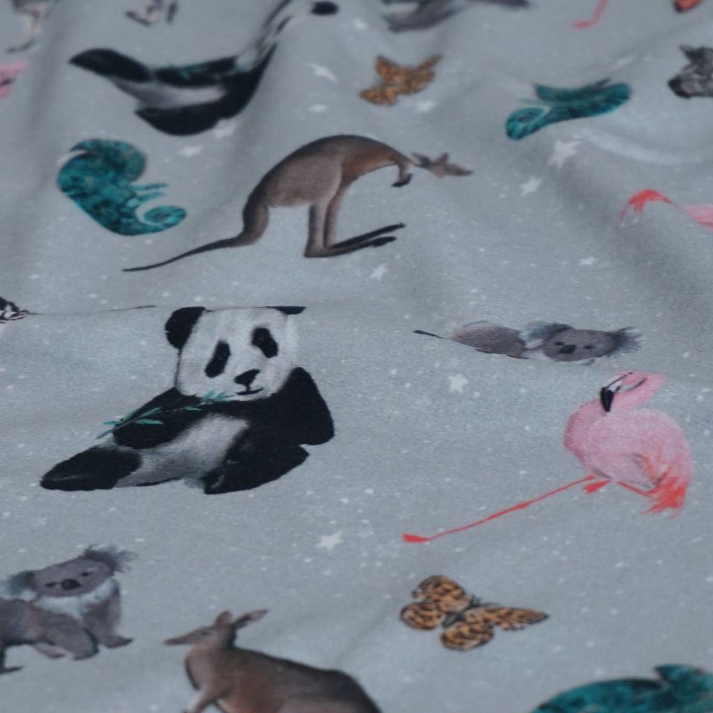French Terry Tiere Zebra Koala Känguru Panda Chamäleon grau